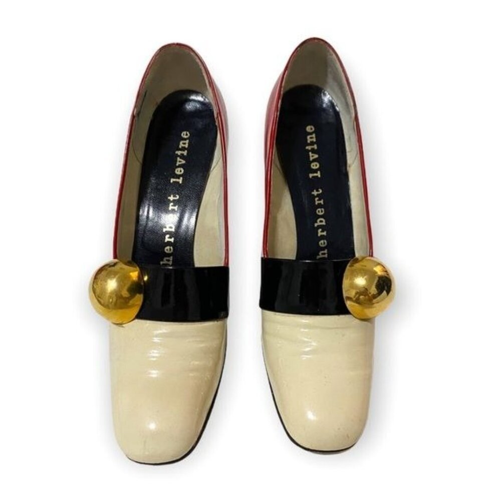 Vintage 1960s Herbert Levine Mod Patent Color Block Pumps Gold Orb Original Box - Picture 4 of 16